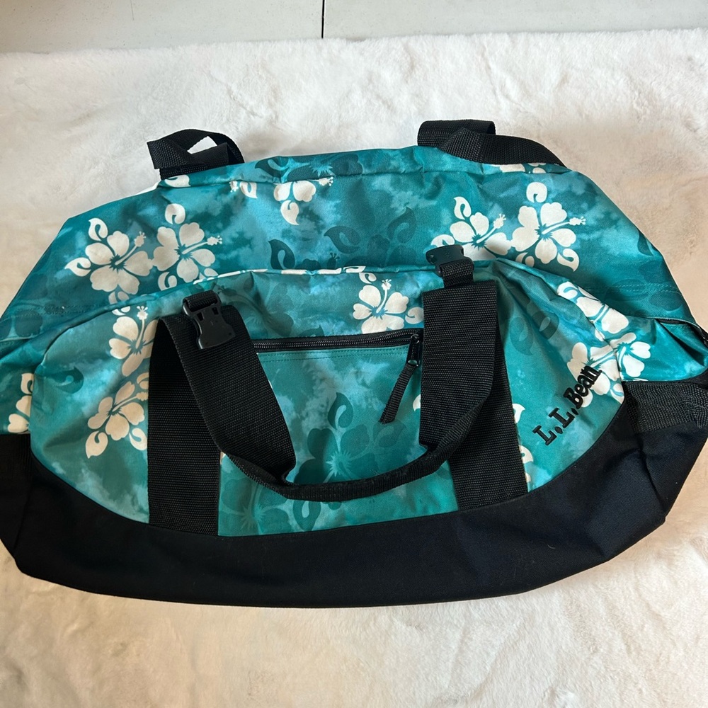 L.L. Bean Floral Duffel Bag Teal Travel Gym Weekender - Picture 2 of 16